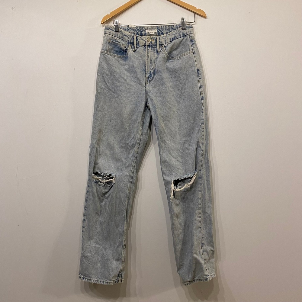 Good American 90s Straight Leg Relaxed Distressed High Rise Jeans Light Wash 28